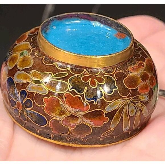 Cloisonné Open Salt Bowl Cellar Pepper Shaker Brown Flower Enamel Brass Stacking - Picture 6 of 8
